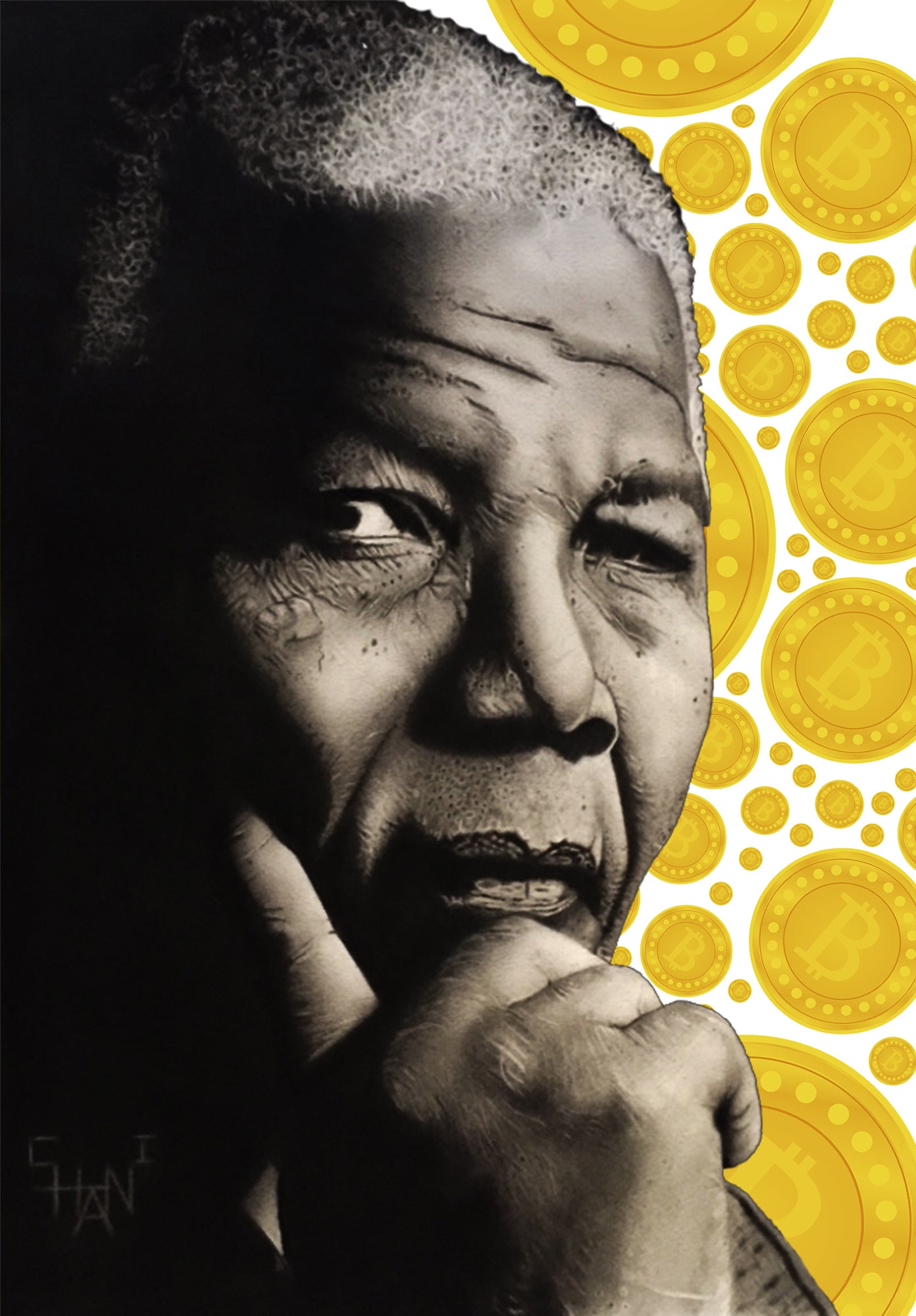 Shani Krebs Print | Mandela with Coins - White